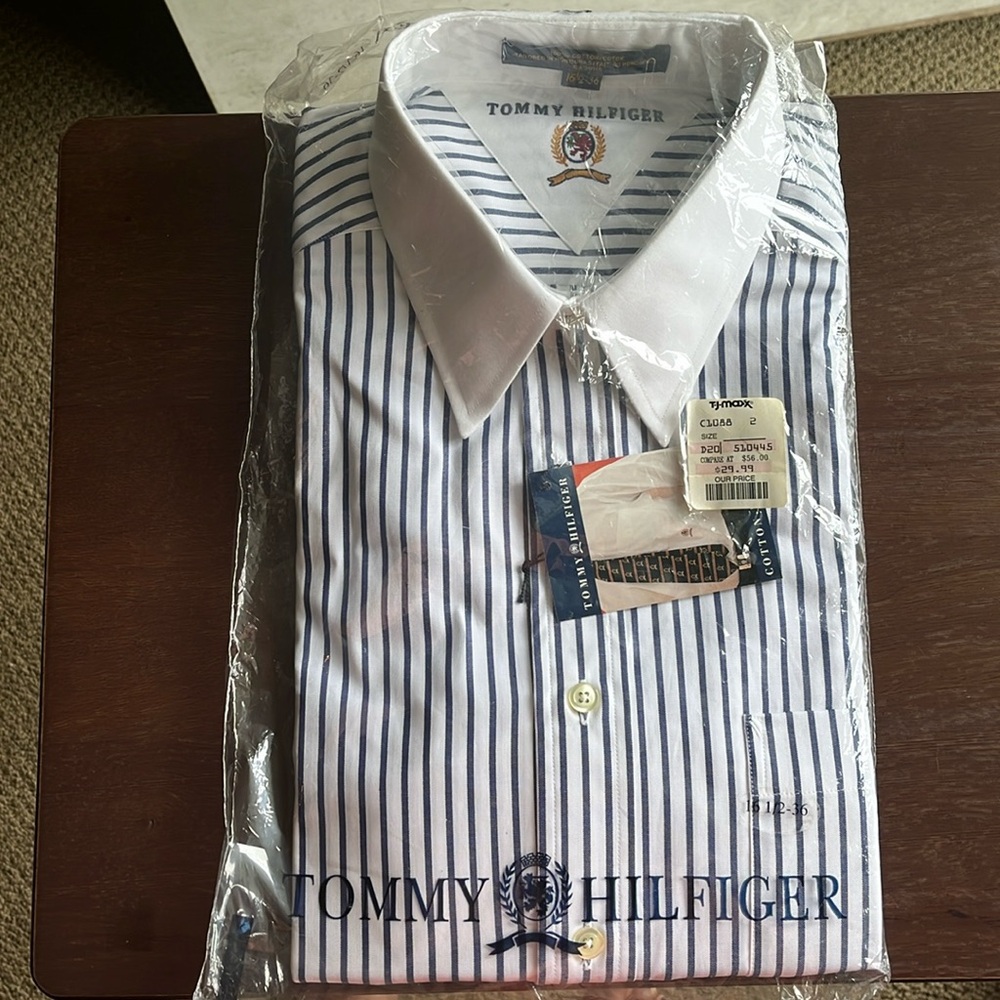 Tommy Hilfiger Men's White & Navy Stripe Dress Shirt